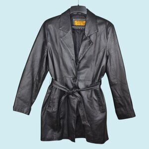 Monte Carlo Leather Coat Women's Size XL Black Button Lined Belted Y2K Blazer